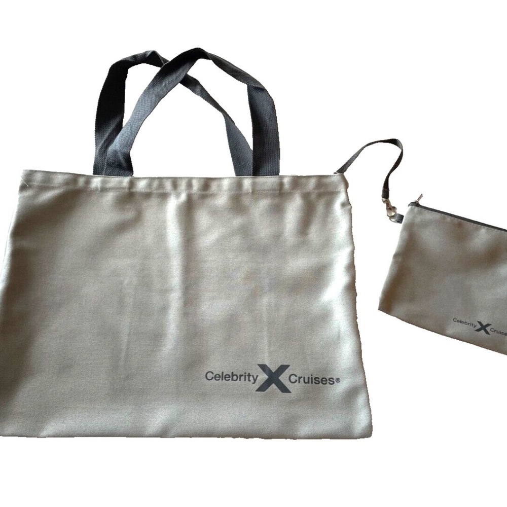 Celebrity Cruises Tote Bag Cosmetic Bag SET Gray Canvas Heavy‎ Duty 13x18” Beach